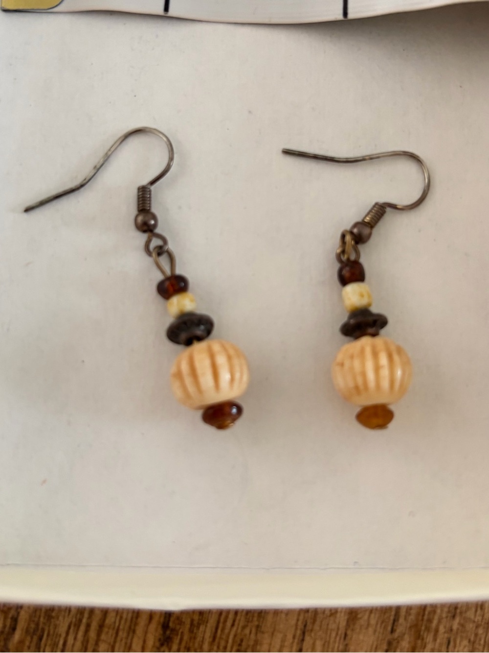 Vintage Beaded Round Dangle/Drop Hook Earrings - Brown Beige Metal Beads 2in